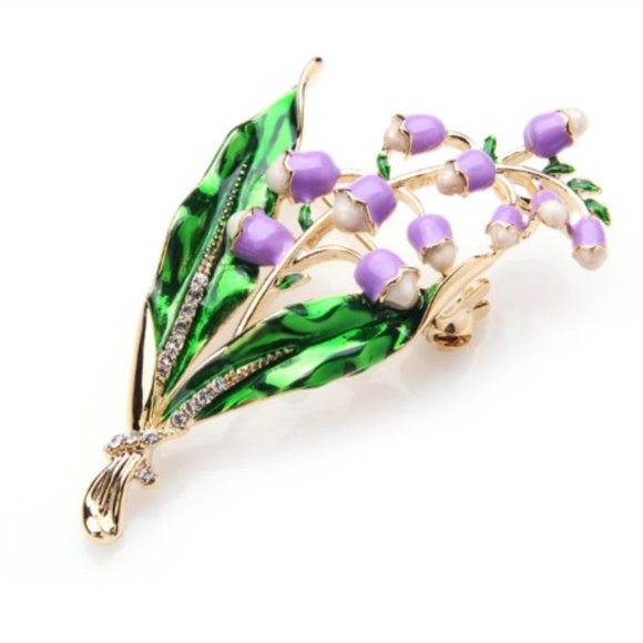 Lily of the Valley Brooch Lavender Enamel Crystals Flowers Floral New - Picture 2 of 2